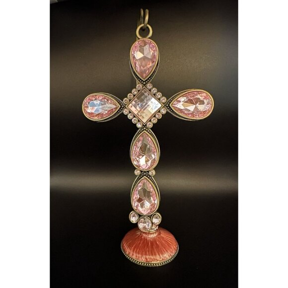 Kirklands Pink With Gold/Brass Colored Stone Cross With Pink/Metal Stand Holder - Picture 2 of 16